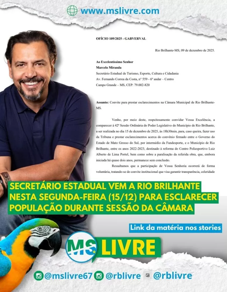 Secretário Estadual vem a Rio Brilhante nesta segunda-feira (15/12) para esclarecer população durante sessão da Câmara.